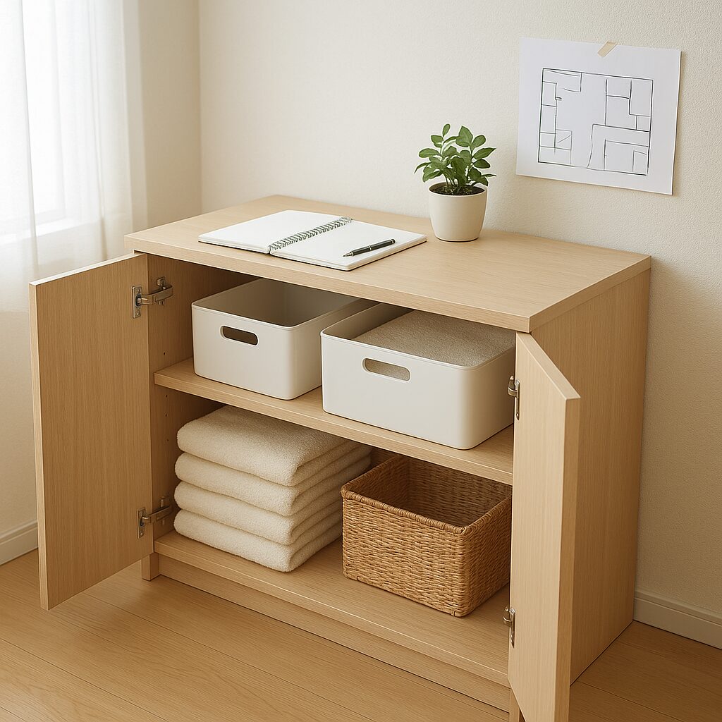 ノートに収納計画を書き込みながら部屋全体の収納バランスを考えているイメージ