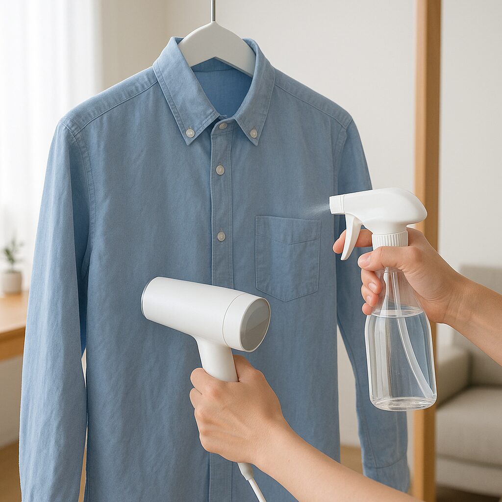 霧吹きとドライヤーでシャツのシワを伸ばす様子
