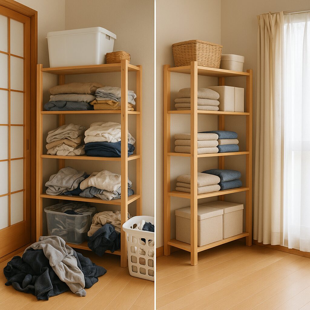 収納スペース不足に悩む部屋と、改善されたスッキリしたリビング収納