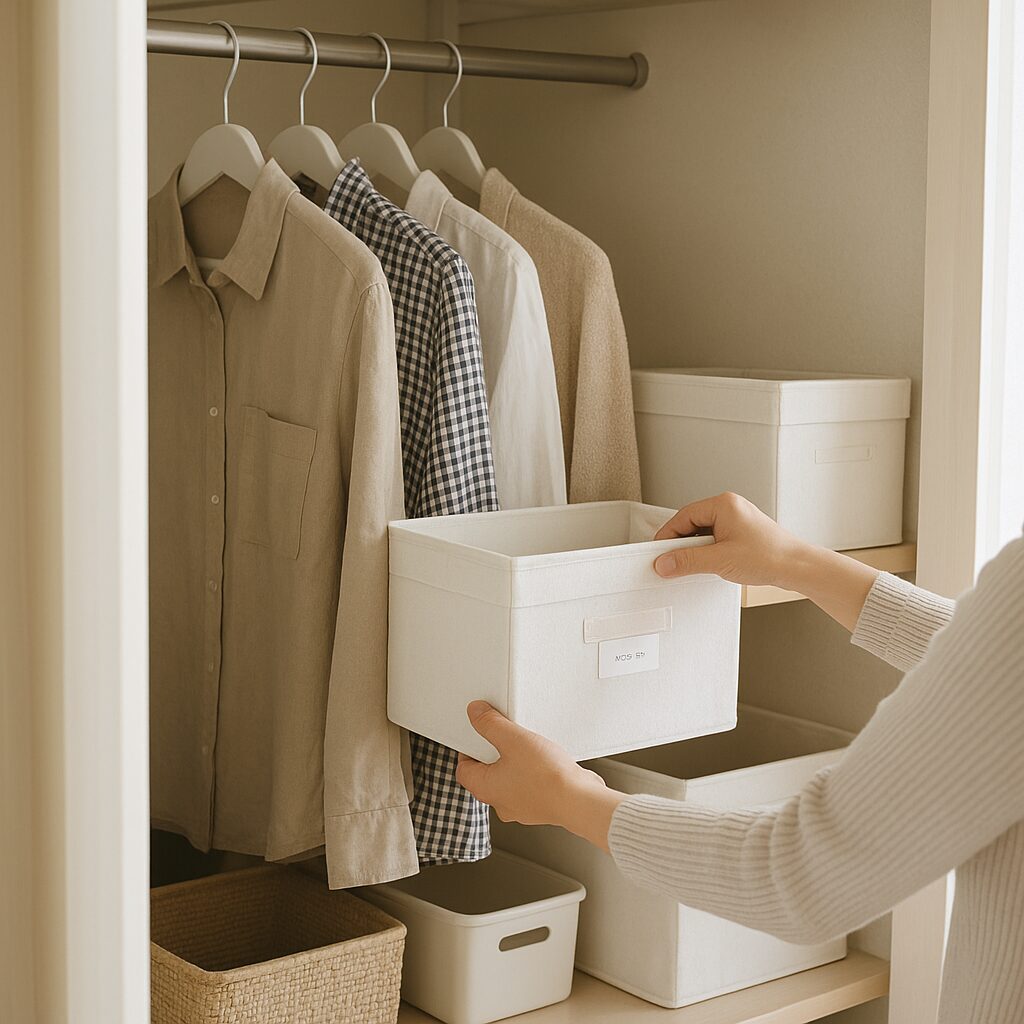 ボックスや仕切りで整理されたクローゼット収納の実例