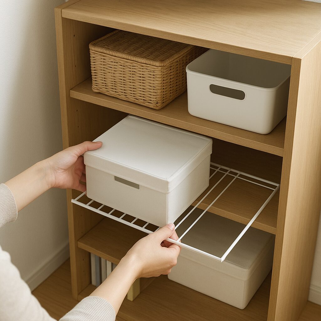 突っ張り棚とボックスで棚の空間を立体的に使った収納方法