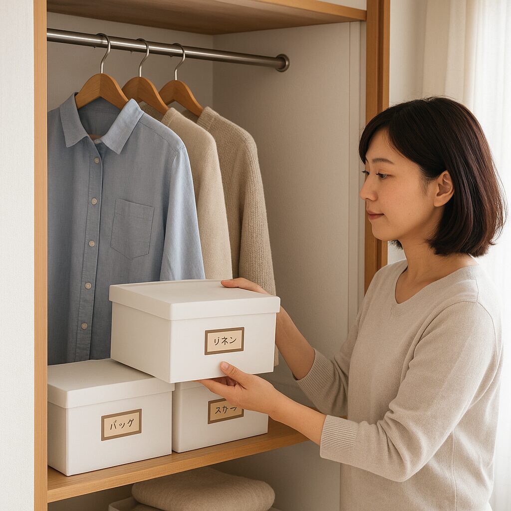 モノの量を管理しながら使いやすくラベリングされた収納で再発防止するイメージ