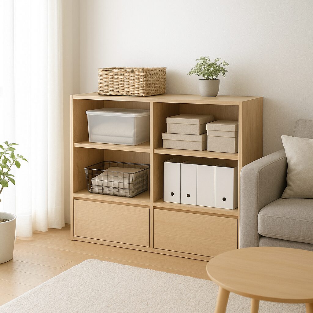 ホコリが少ない、すっきり片付いた棚収納のリビング