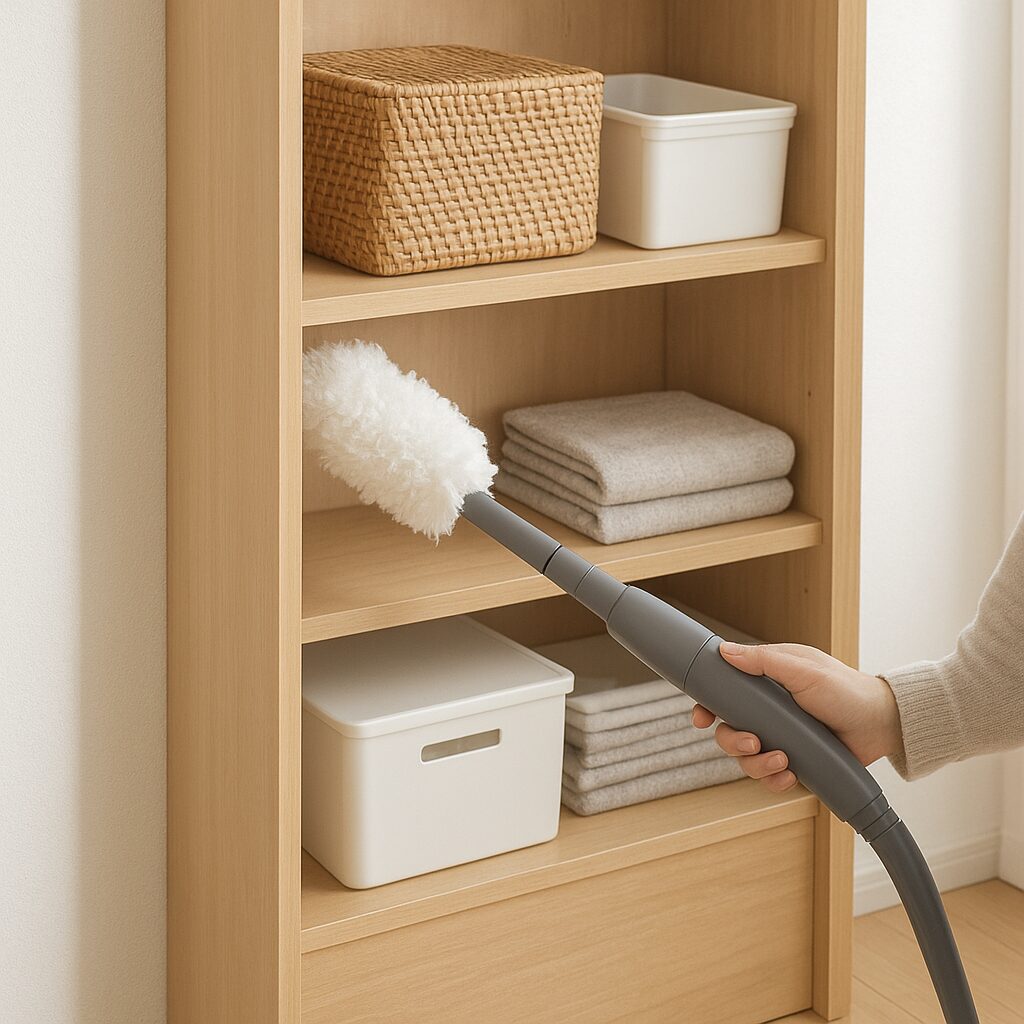 収納棚のホコリをハンディモップと掃除機で掃除しているところ