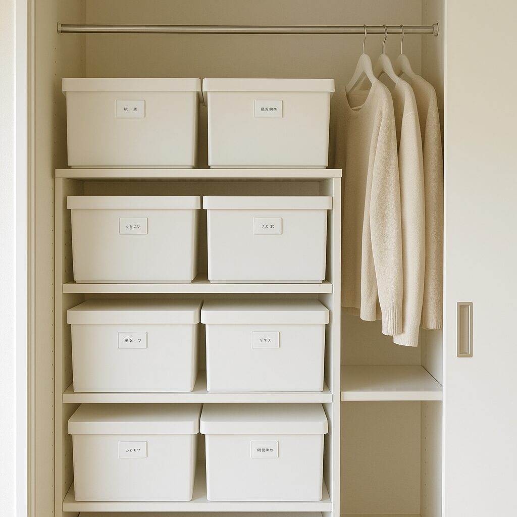 フタ付きボックスでホコリ予防されたクローゼット収納
