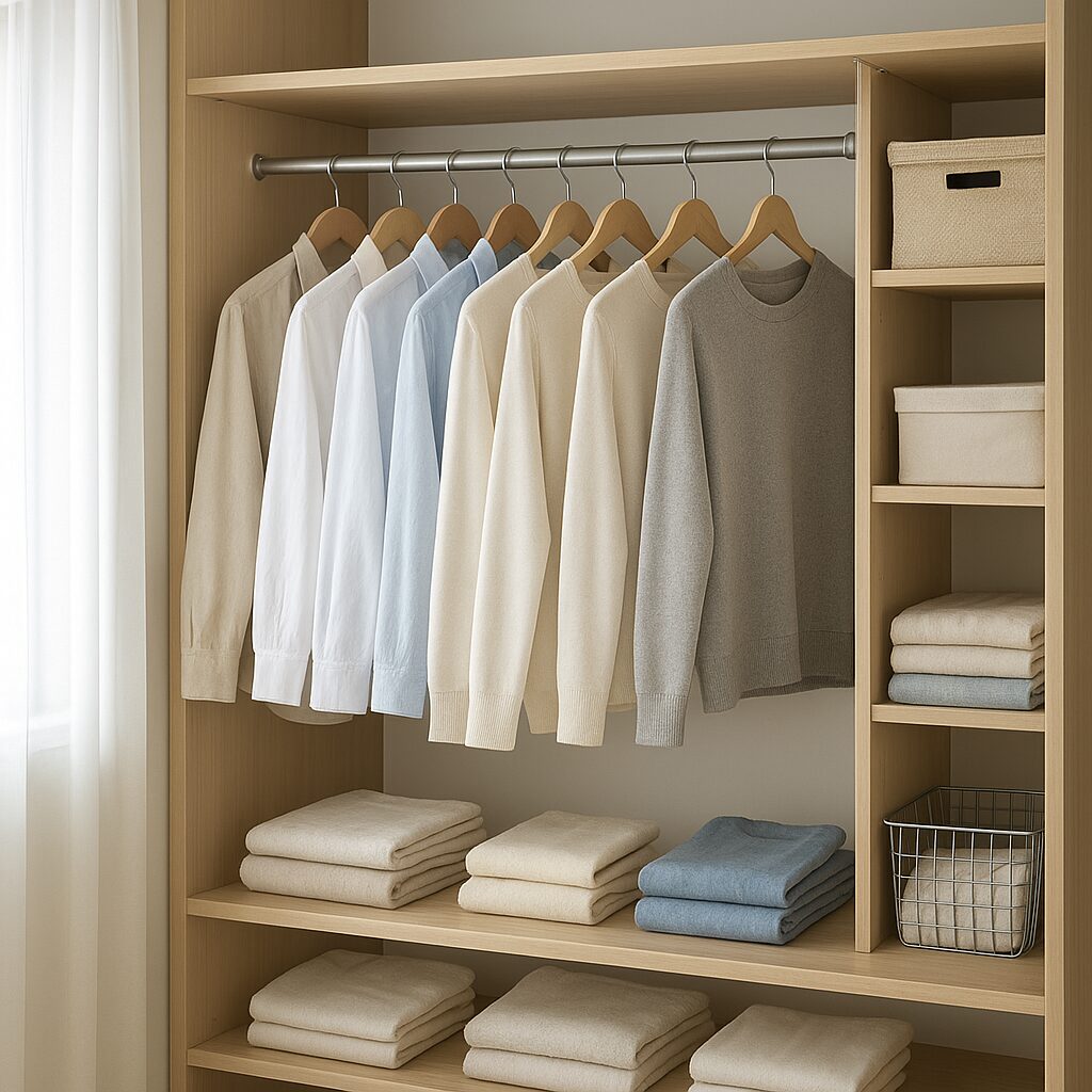 シワのない衣類が整然と並んだクローゼット