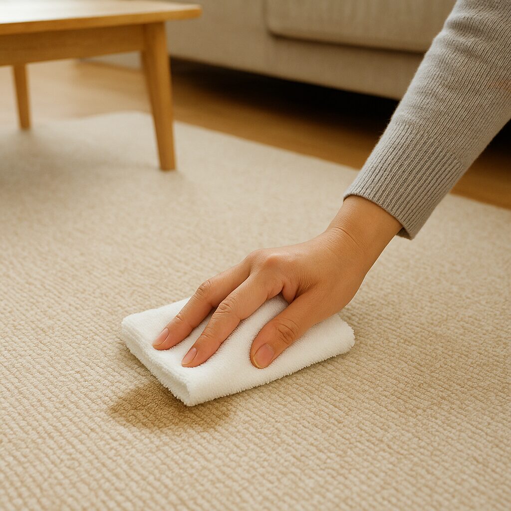 シミがついたカーペットを拭き取ろうとしている様子