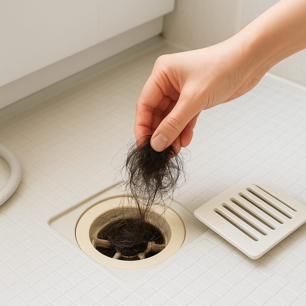 髪の毛が詰まった浴室の排水口のイメージ