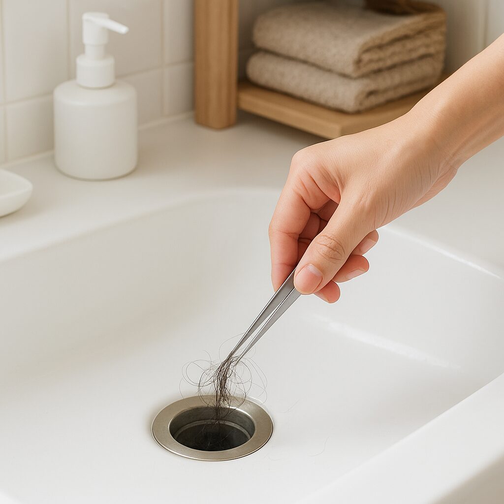 洗面台の排水口に詰まった髪の毛をピンセットで取り除いている様子