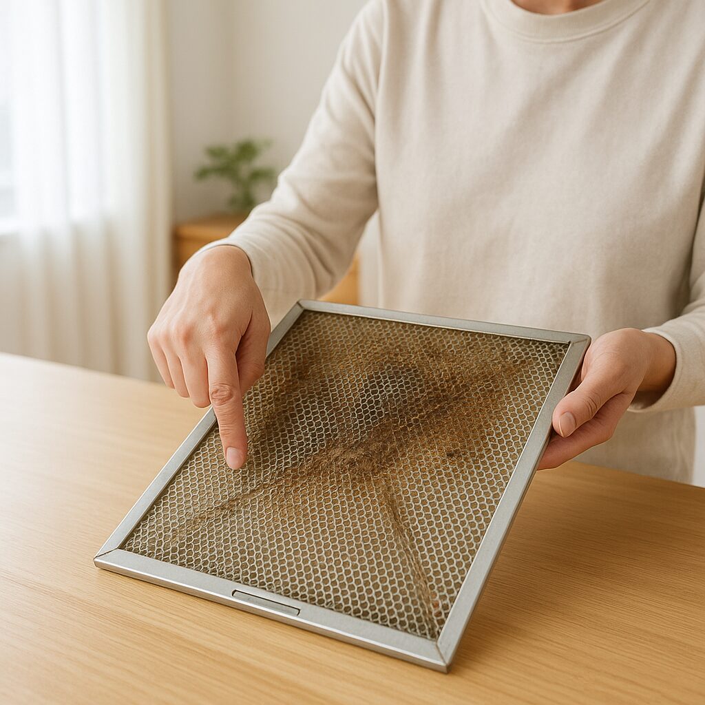 外した換気扇フィルターの油汚れを確認している様子