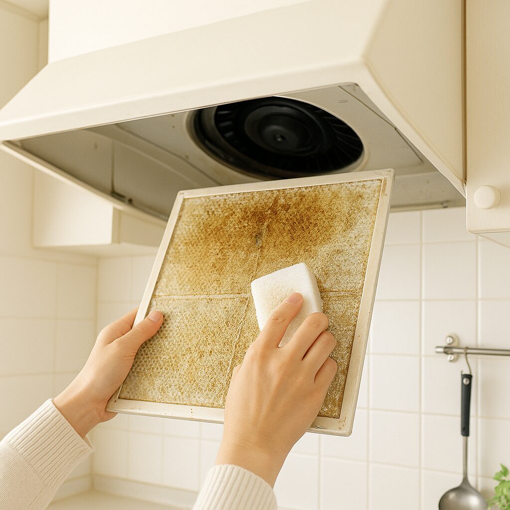 油汚れがついた換気扇フィルターをスポンジで掃除している様子