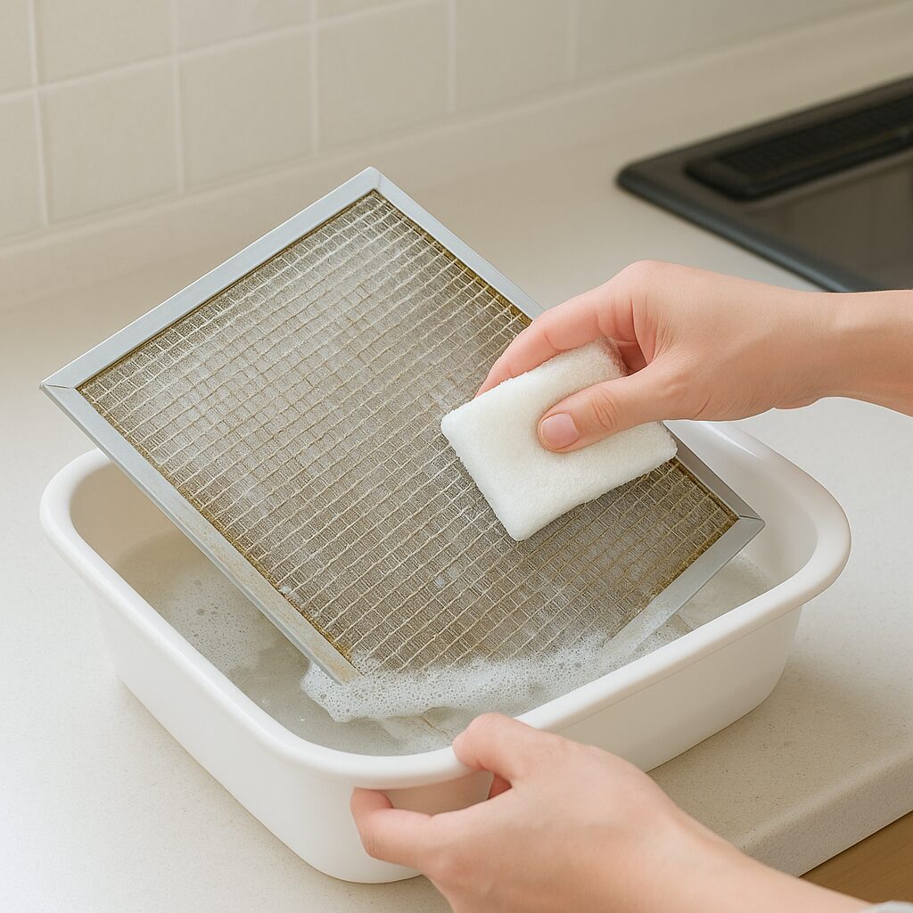 外した換気扇フィルターを重曹水に浸けて掃除している様子