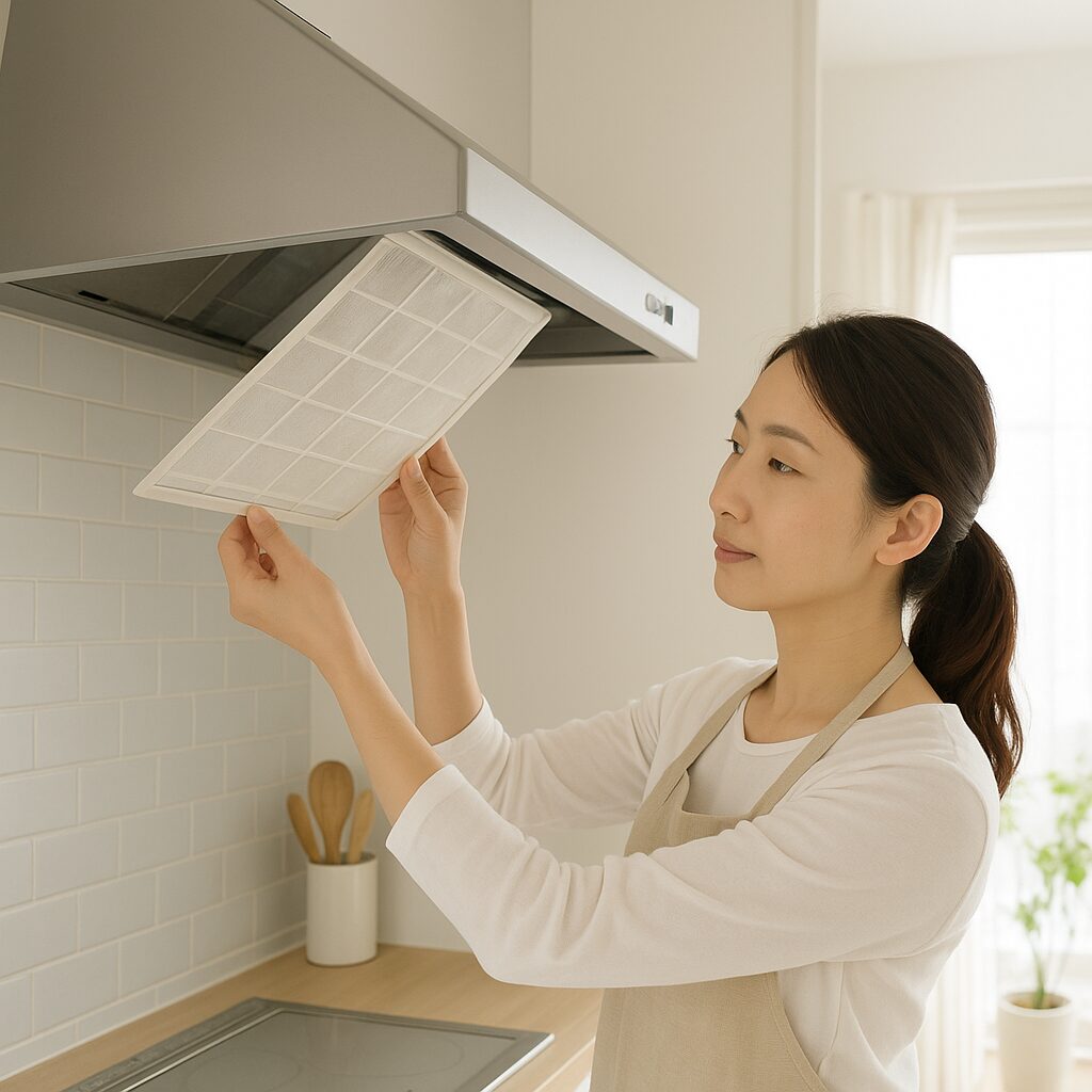 換気扇に取り付けた不織布フィルターで油汚れを予防している様子