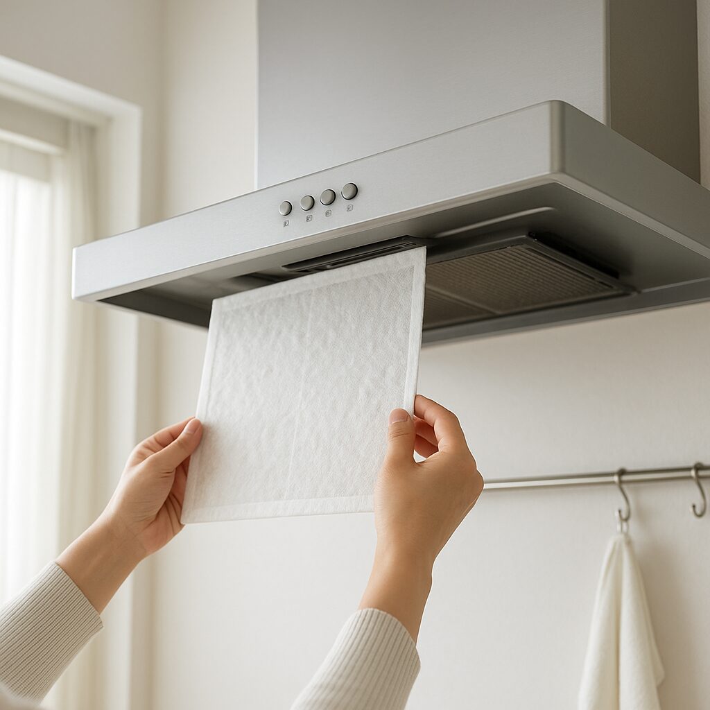 換気扇フードに取り付けるタイプの使い捨てフィルターで油汚れを予防している様子