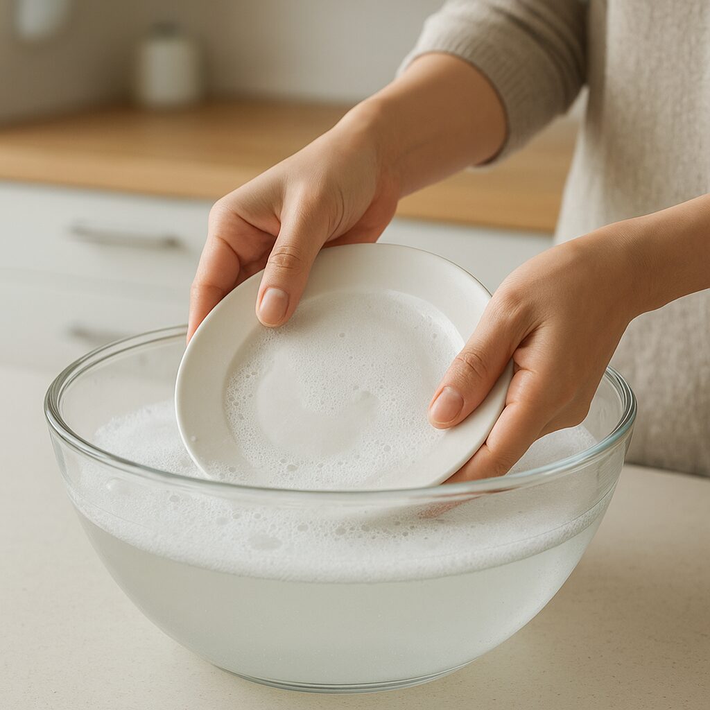 クエン酸水に食器を浸けて水垢を落としている様子