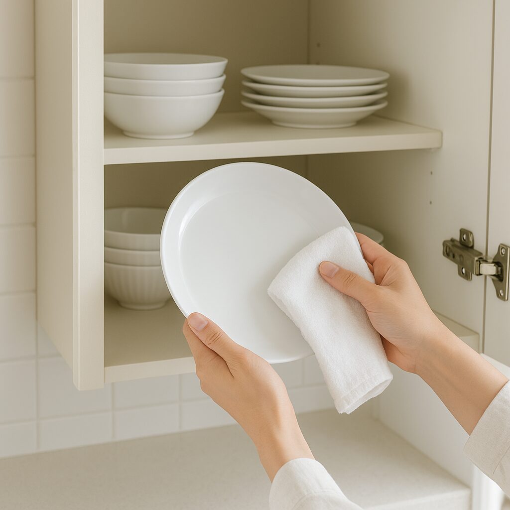 食器の水垢予防として水分を拭き取っている場面