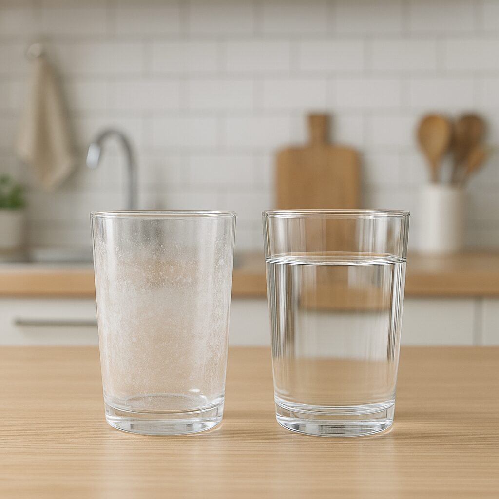 水垢がついたコップときれいなコップの比較