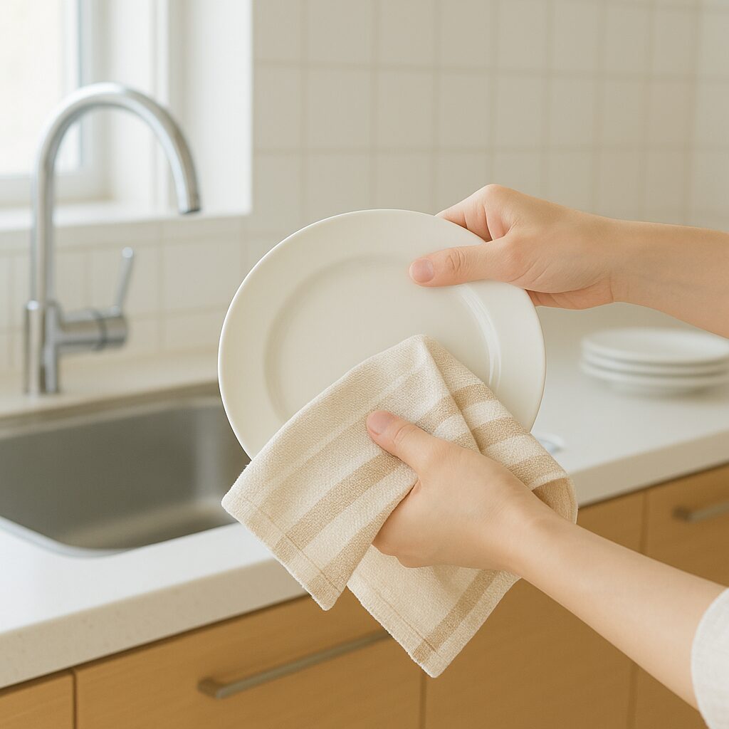 布巾で水気を拭き取り水垢予防をしている様子