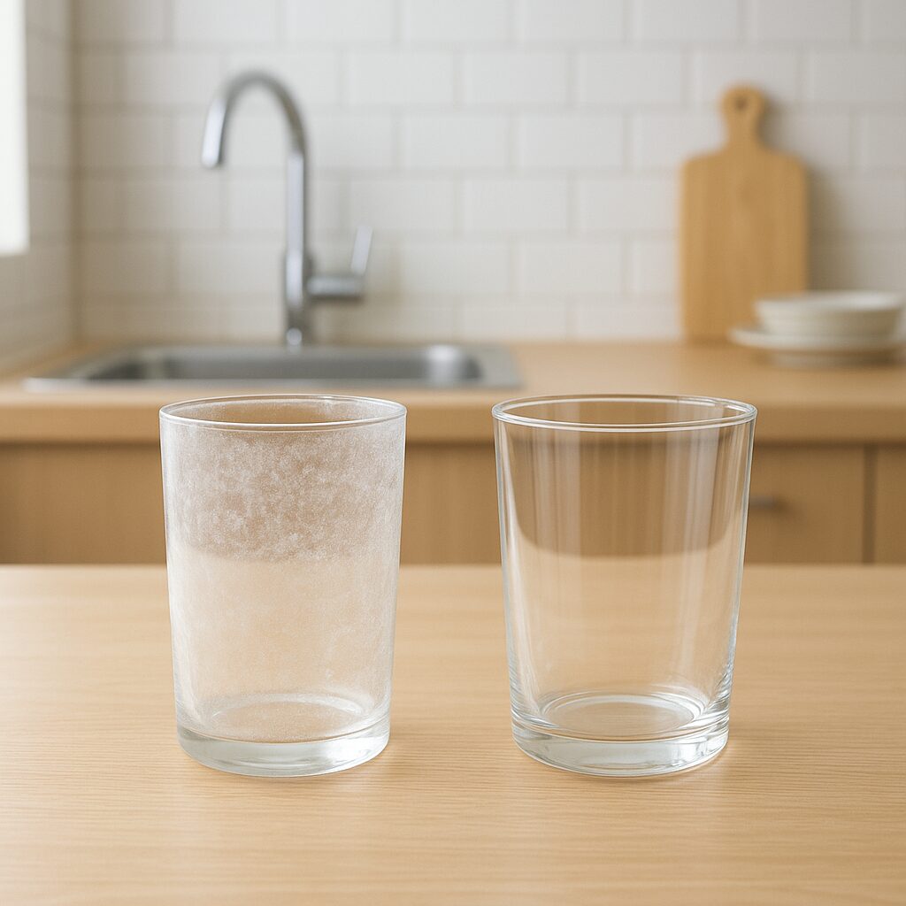 水垢がついた食器と、きれいになった食器を並べて比較している様子