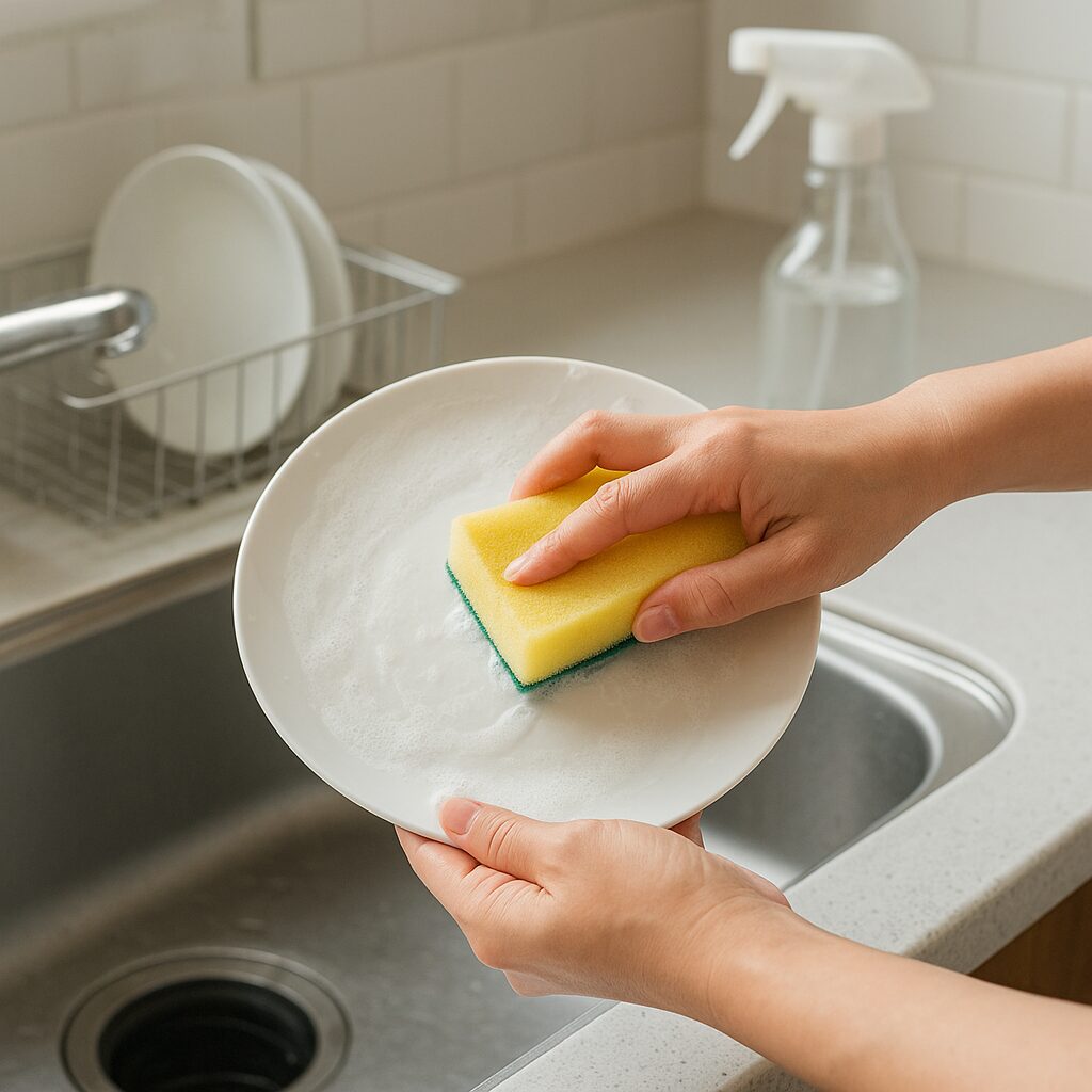 クエン酸水とスポンジを使って食器の水垢をこすり洗いしている手元