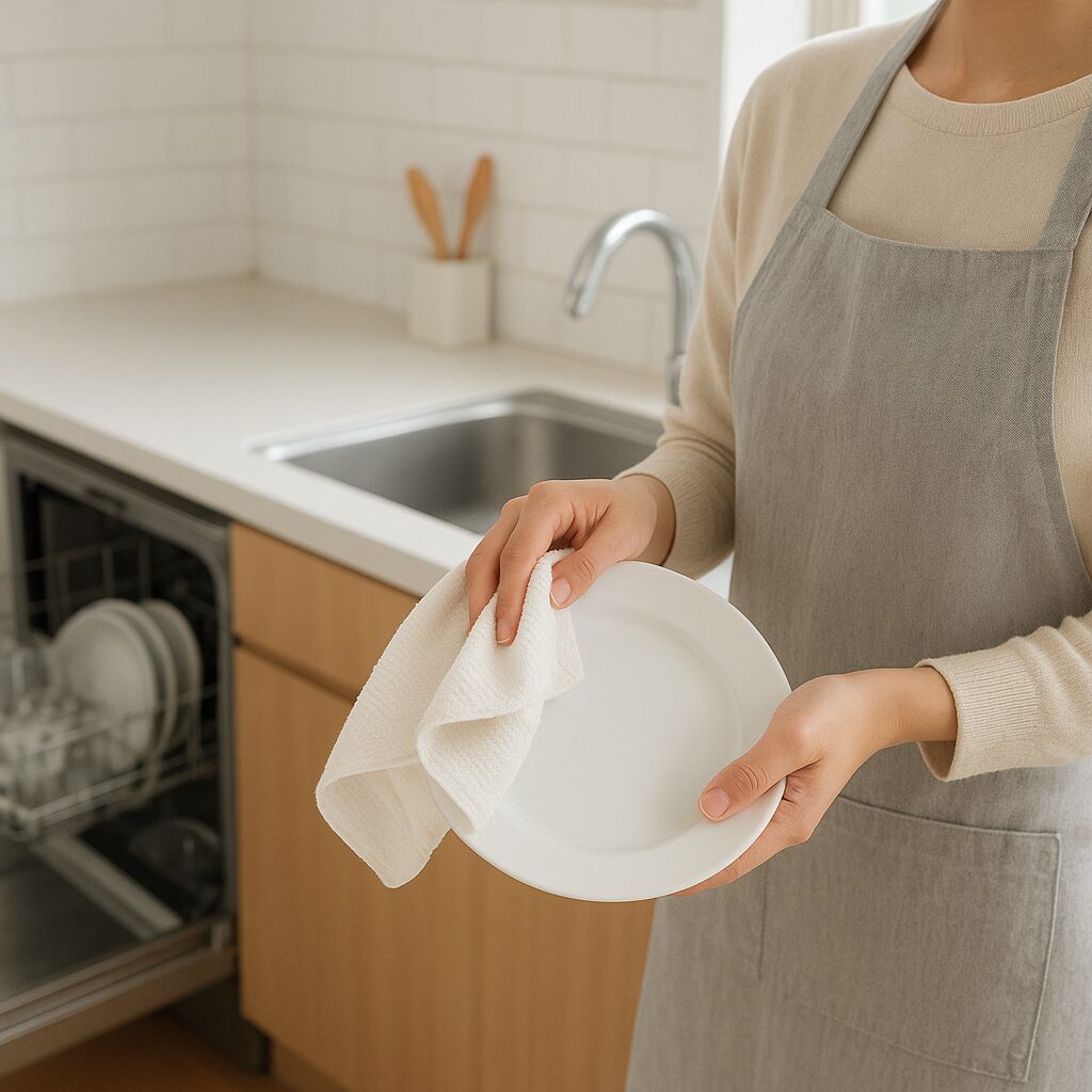 水垢予防のために食器をすぐ拭き上げている様子と乾いたキッチンカウンター
