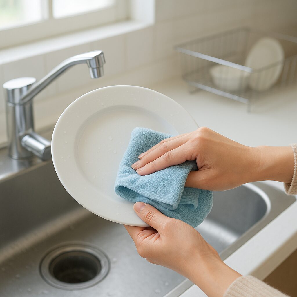 洗った食器の水滴をクロスで拭き取っているようす