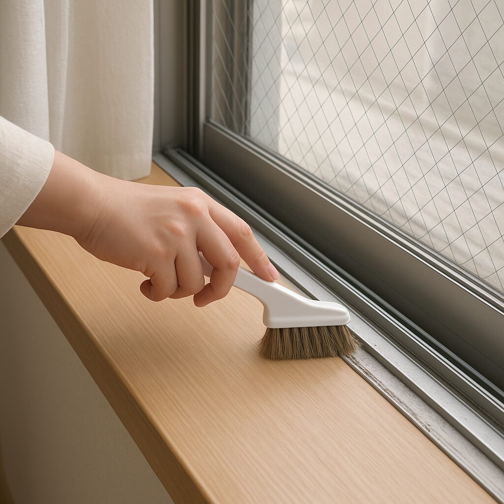 窓サッシのレールにたまった埃をブラシでかき出している様子