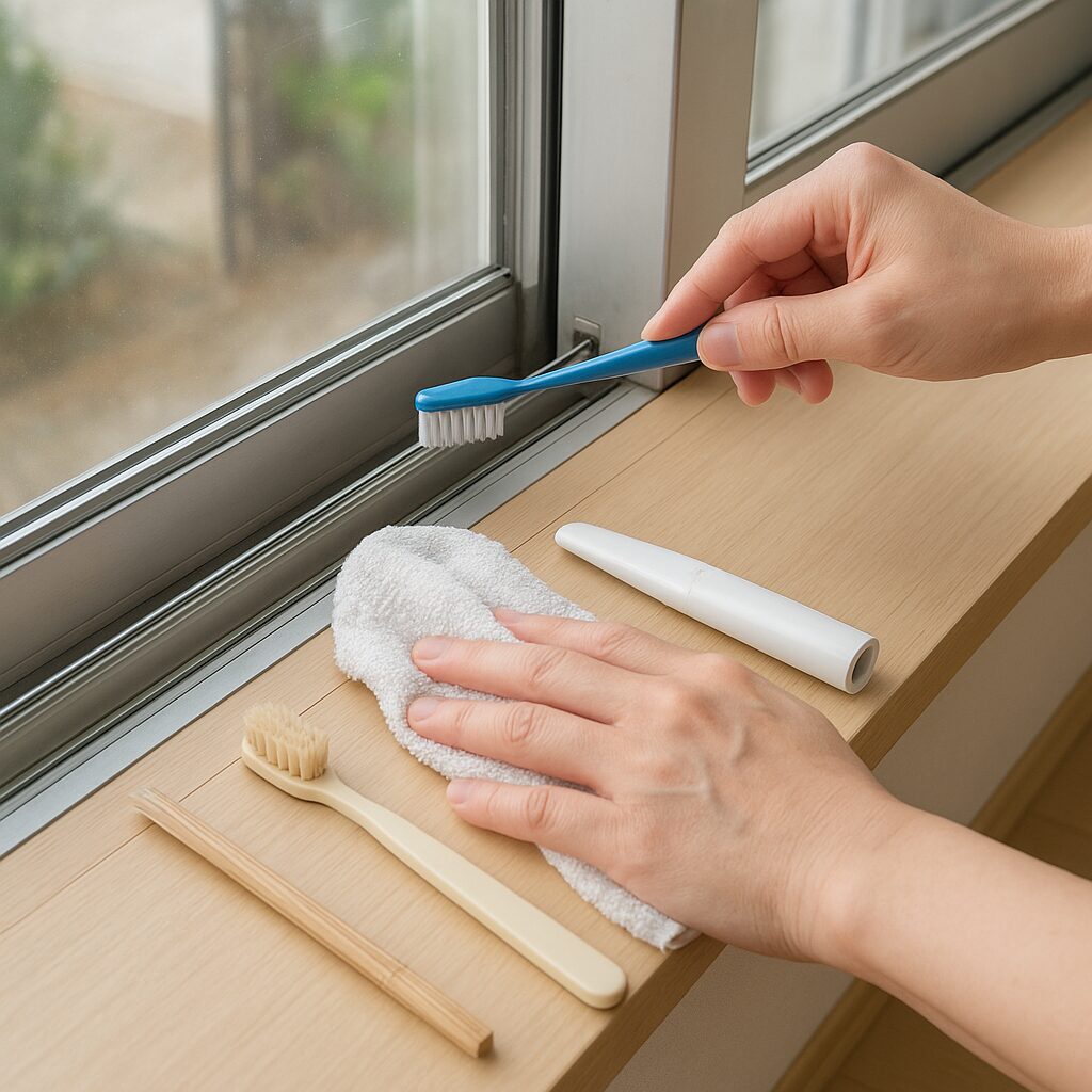 窓サッシ掃除に使う道具一式とサッシ部分