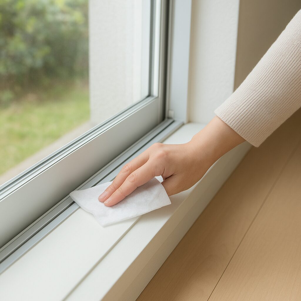 きれいになった窓サッシをウェットシートで拭いている様子