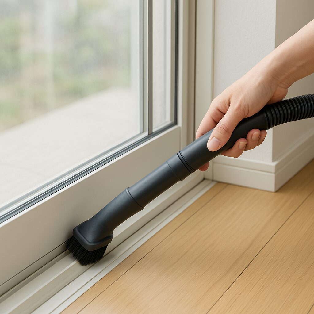 ブラシ付き掃除機で窓サッシの埃を予防的に吸い取る様子