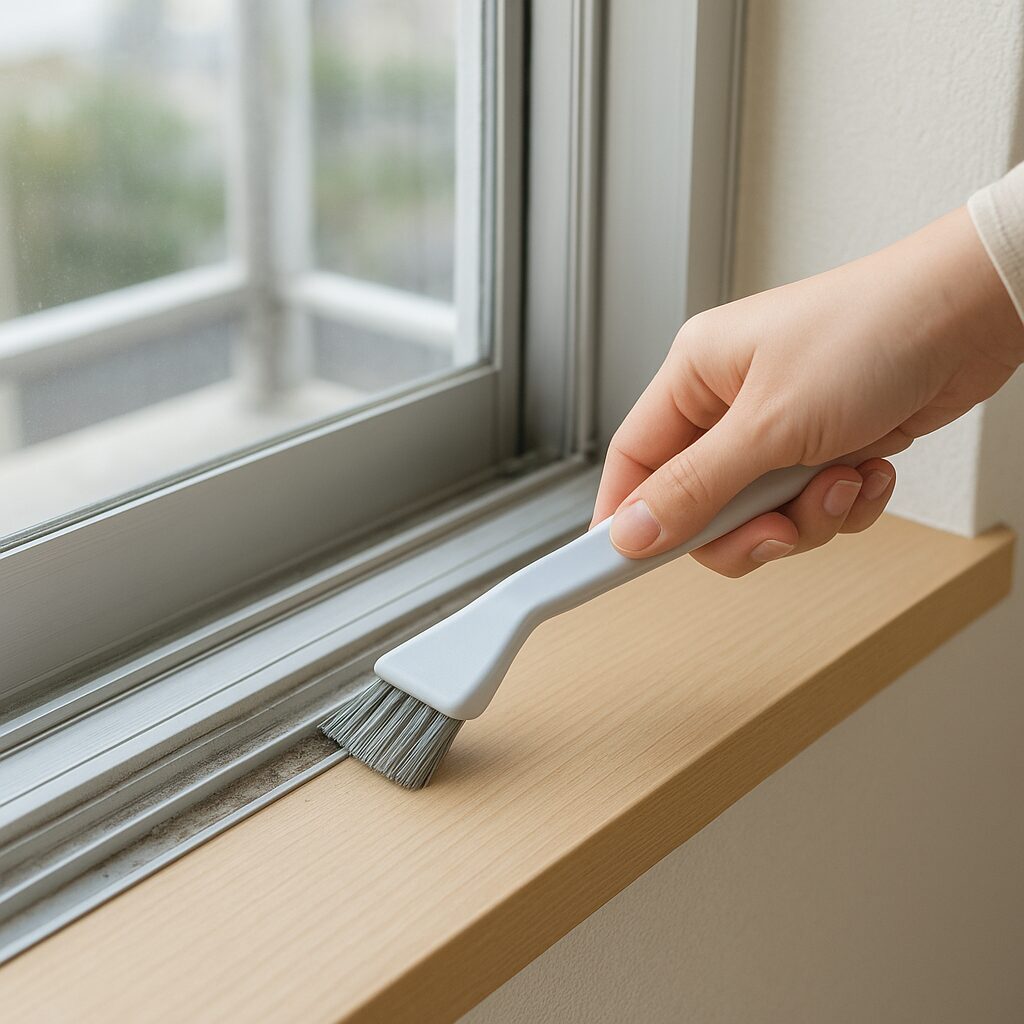 埃のたまった窓サッシをブラシで掃除している様子