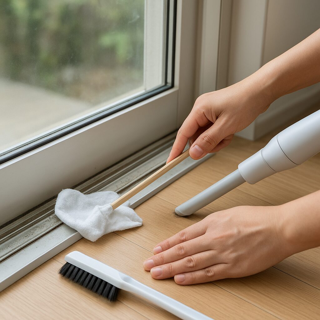 窓サッシ掃除に使う道具と掃除手順のイメージ