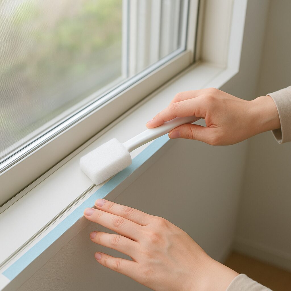 窓サッシのほこり予防としてテープを貼っている様子