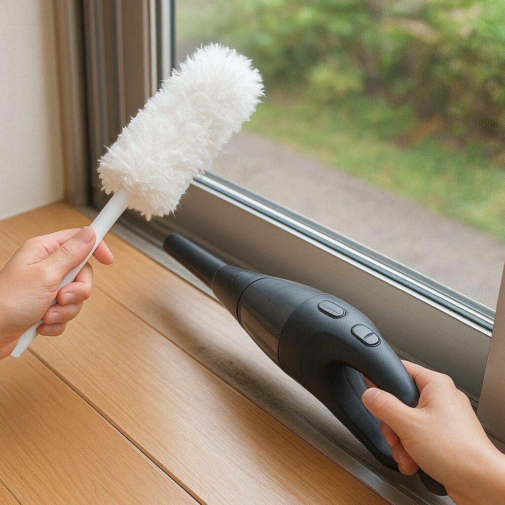 ハンディモップと掃除機で窓サッシを掃除している様子