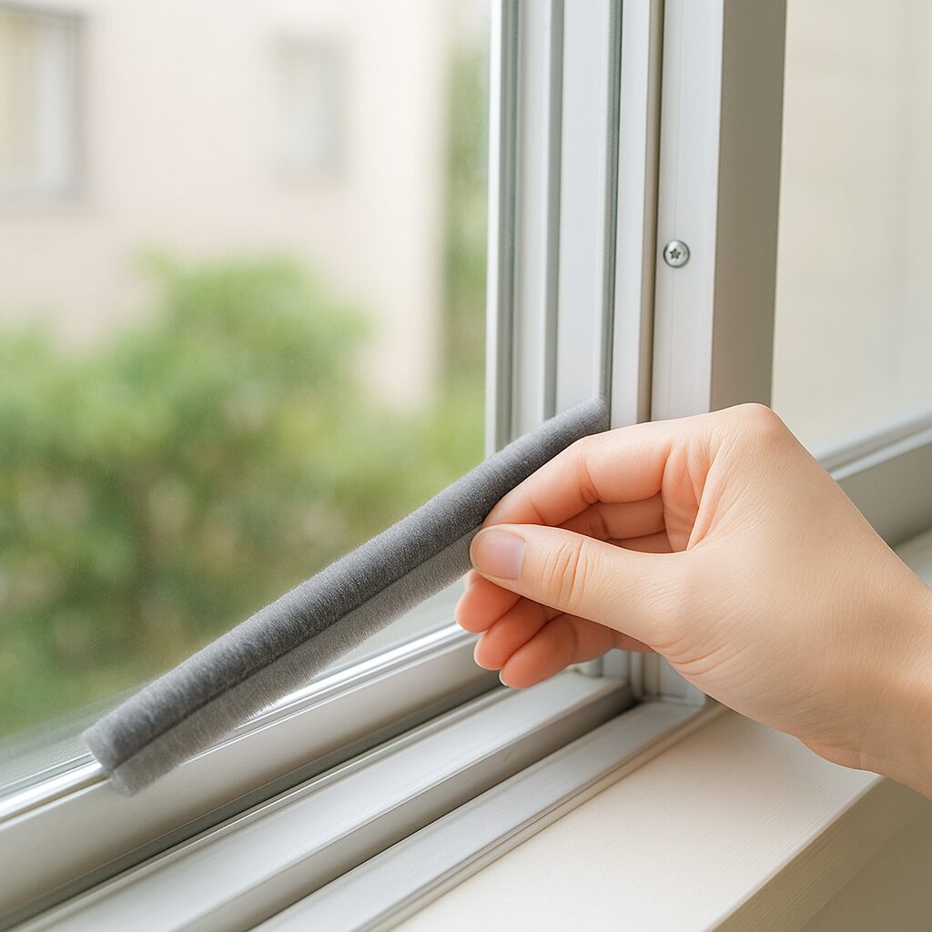 隙間テープで窓サッシからの埃侵入を防いでいる様子