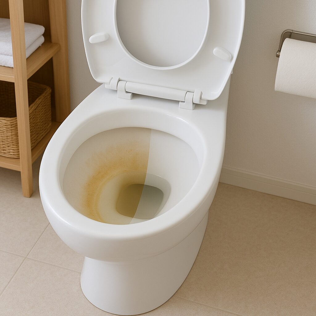 黄ばみがついたトイレ便器と、掃除で白くきれいになった便器の比較写真