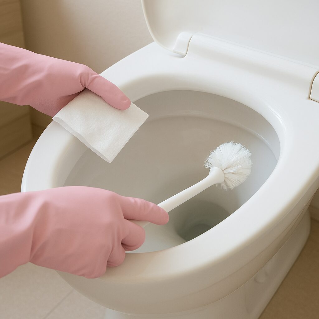 トイレのフチ裏にトイレットペーパーを貼り付けて洗剤を染み込ませているつけ置き掃除の様子