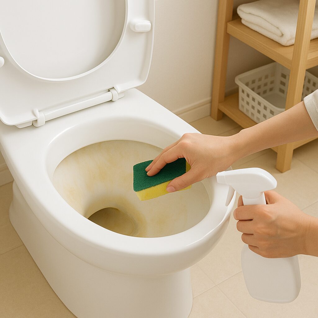 トイレの黄ばみ汚れを掃除している様子