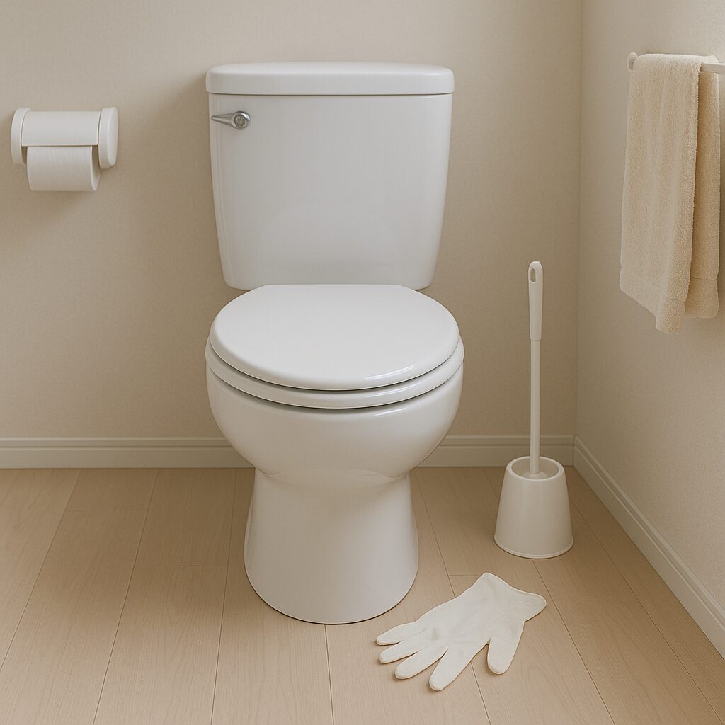 黄ばみのない清潔なトイレと掃除道具