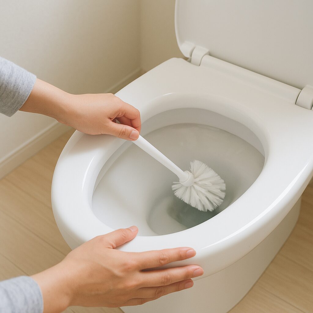 便器のフチ裏をブラシで掃除している様子