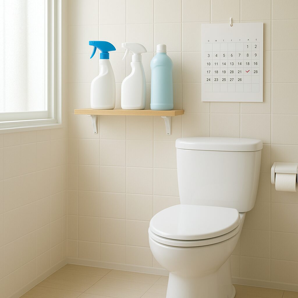 トイレ黄ばみ予防のための道具と掃除スケジュールのイメージ