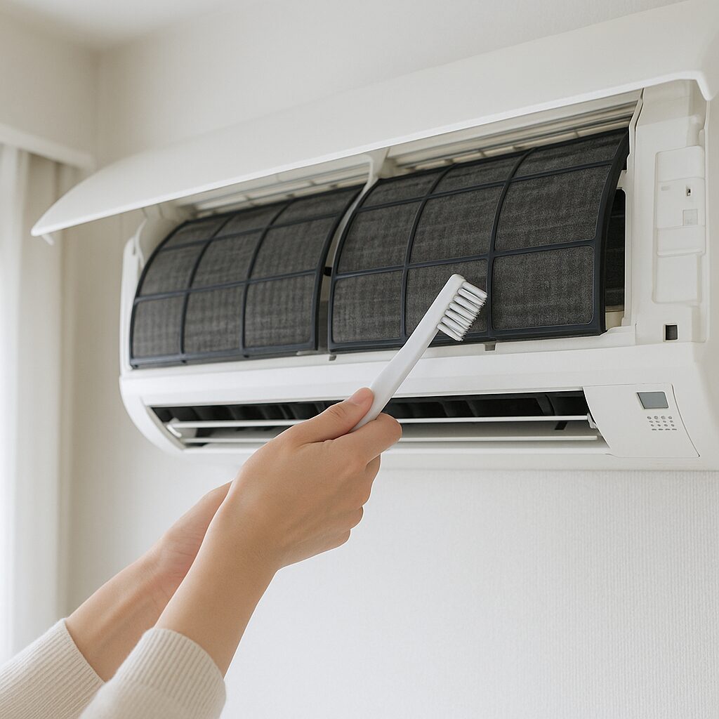 エアコンのフィルターと吹き出し口を掃除している様子