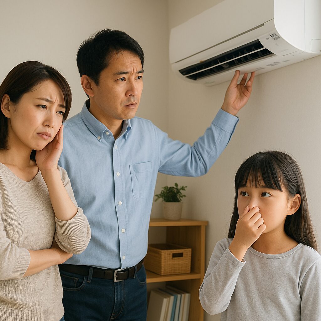 カビ臭い風が出るエアコンを気にしている家族のイメージ