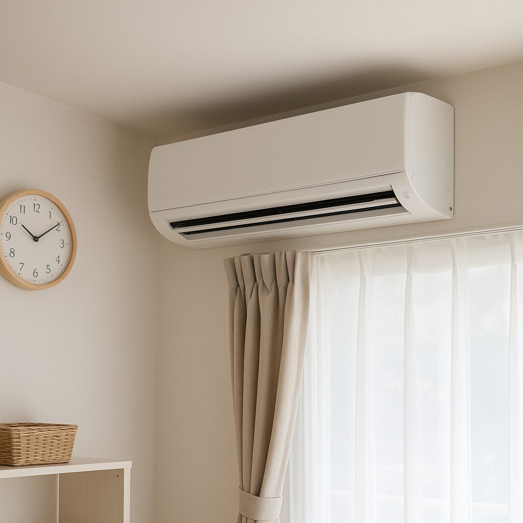 エアコンのカビ予防として内部クリーン機能と換気をしている場面