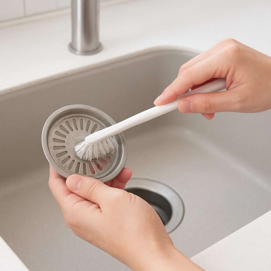 排水口のゴミ受けをブラシで掃除している様子