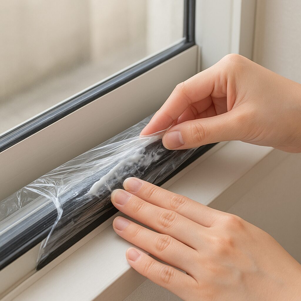ゴムパッキンの黒カビにカビ取り剤を塗りラップで覆っている様子