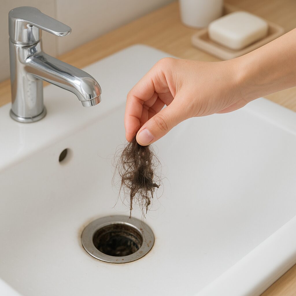 髪の毛や汚れが溜まって詰まりかけている洗面所の排水口
