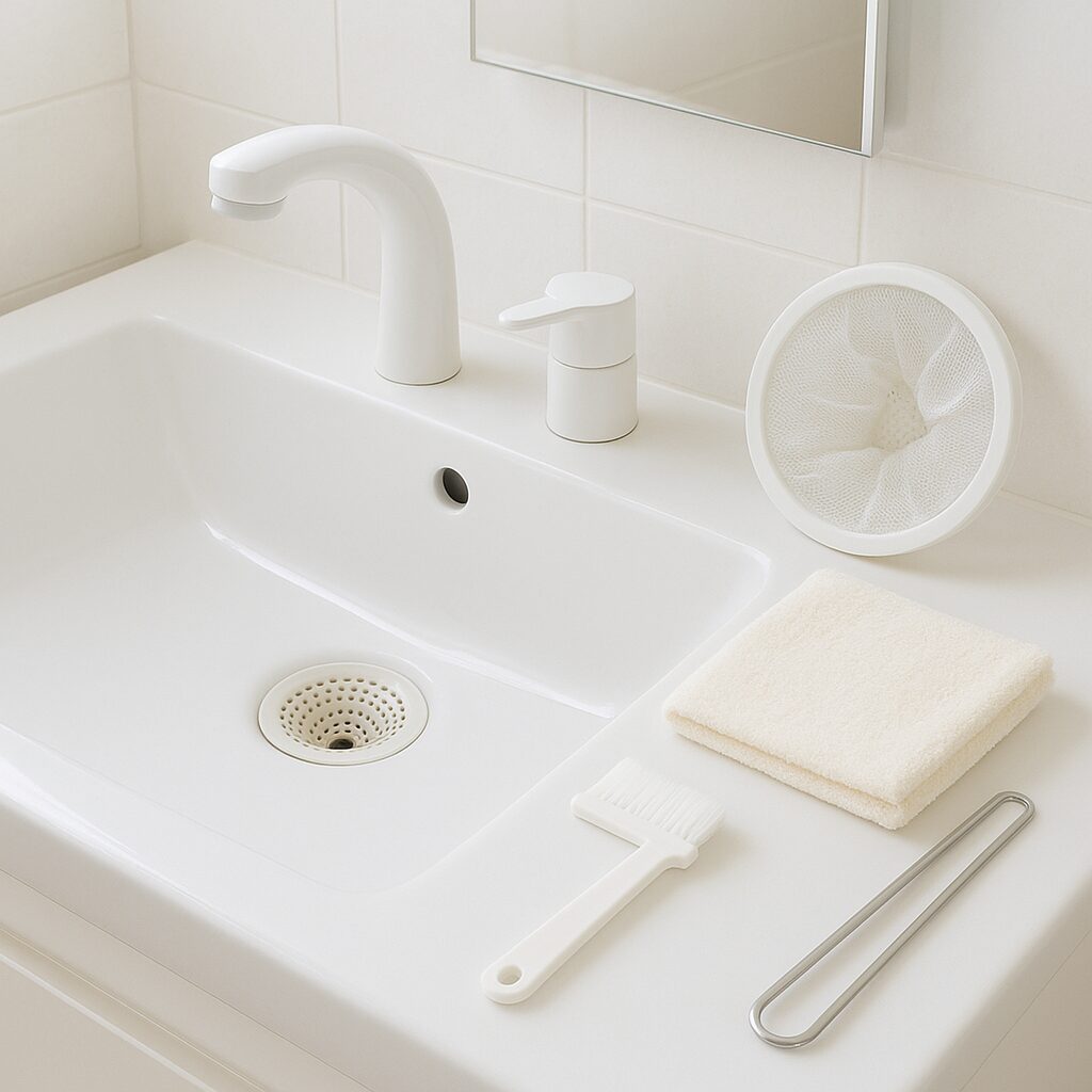 洗面所の排水口の詰まりを予防するためのヘアキャッチャーと掃除道具