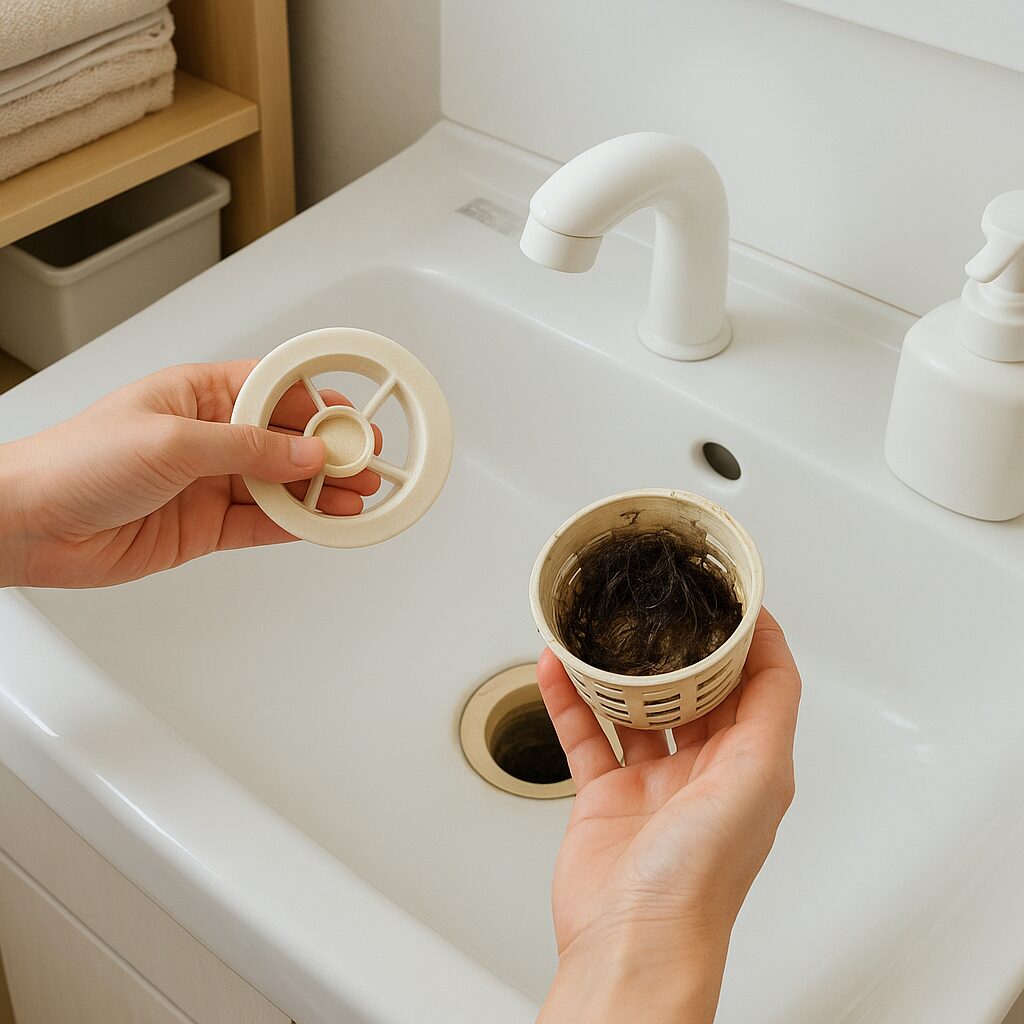 洗面所の排水口カバーを外して詰まりを確認している様子