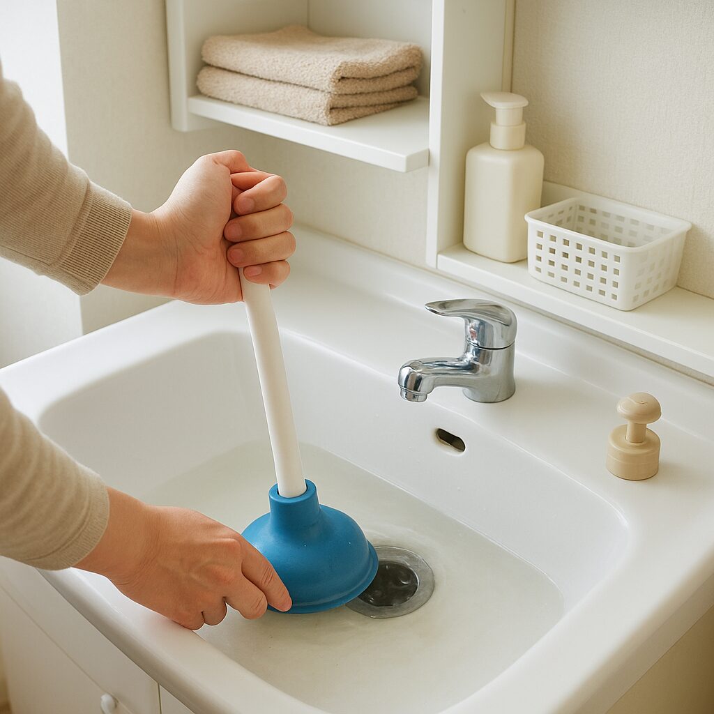 水が溜まっている洗面所の排水口と困った様子の人の手元